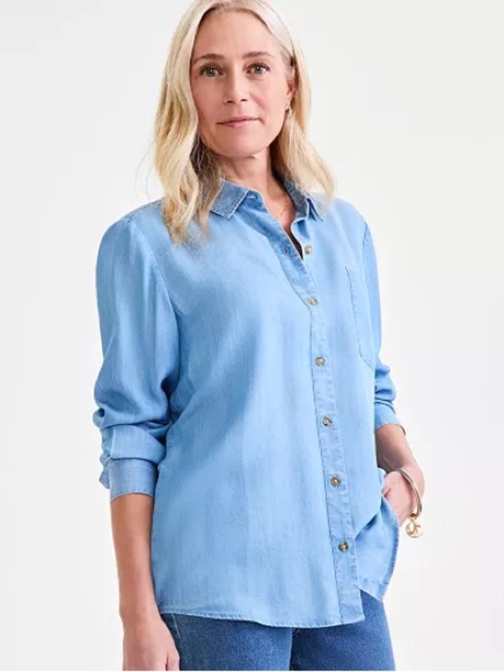 Style & Co Blue Chambray Button-Up Perfect Shirt Size PM